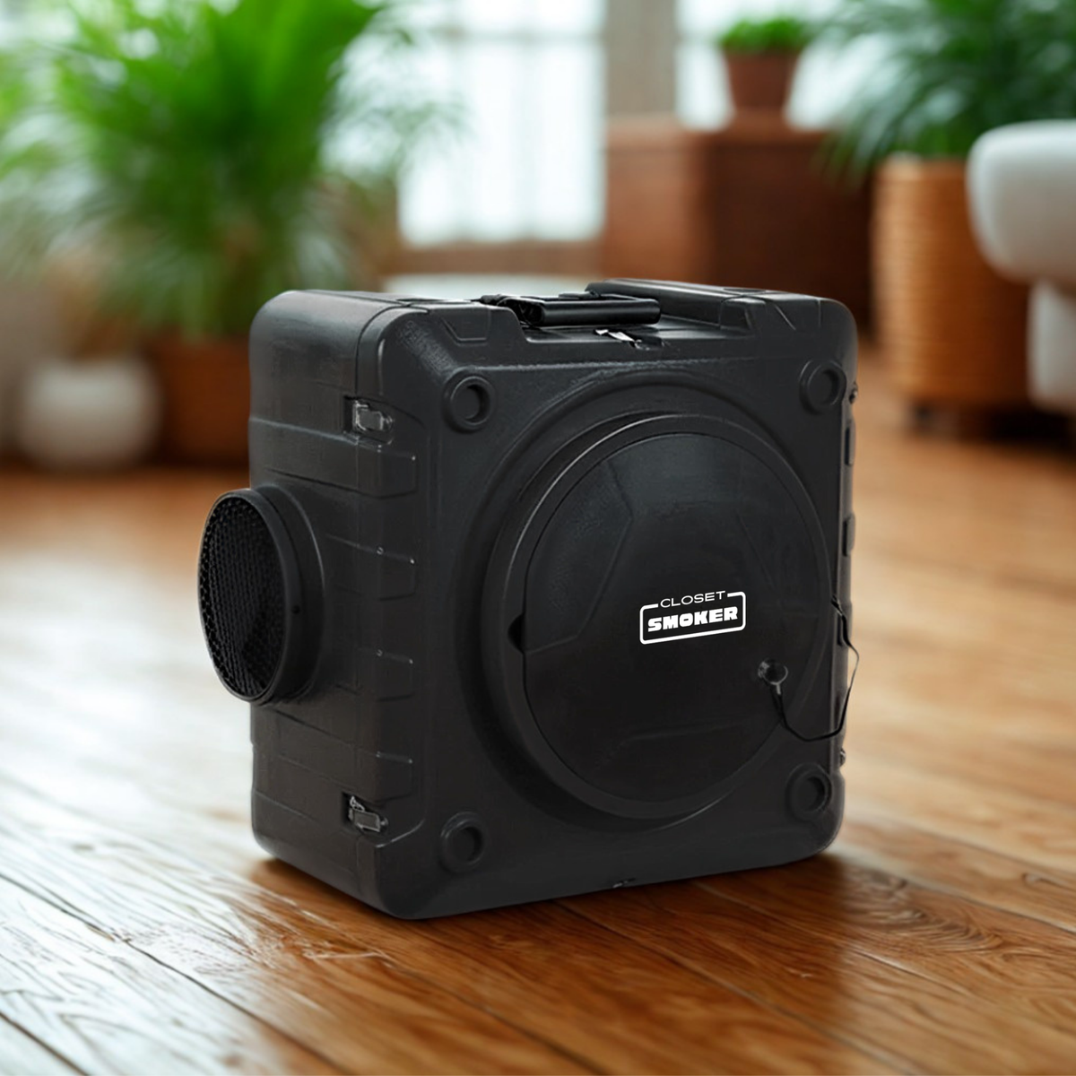 Showcases a dark gray Closet Smoker air purifier unit with its air inlet/filter cover on, and its air outlet visible. The background is a botanical living room with wood floors.