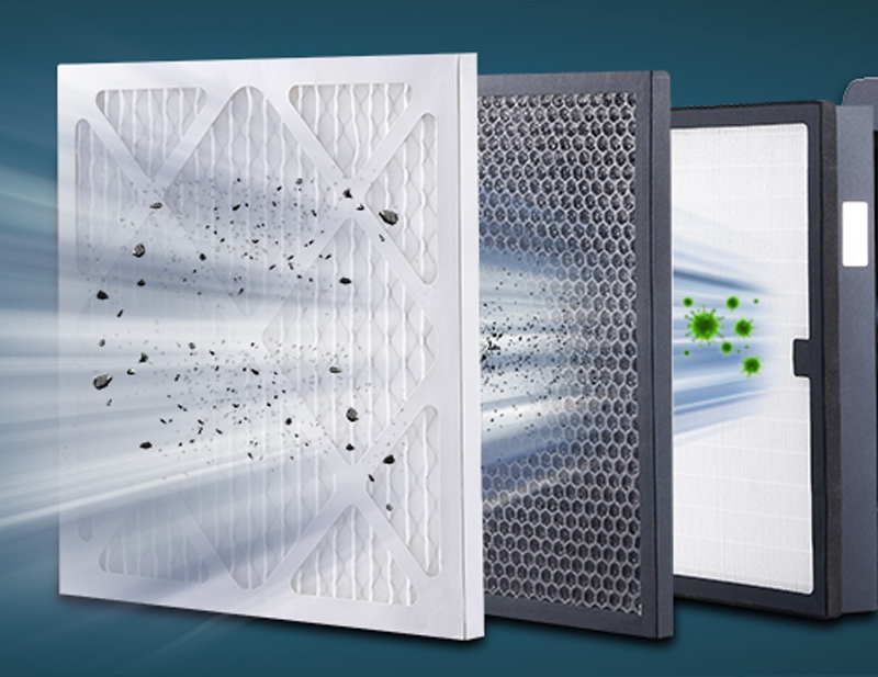 The three different air filters within the Closet Smoker system shown on a dark teal background, with smoke and green particles illustrated passing through the filter layers to represent airborne particles and pollutants the different filter stages will catch.
