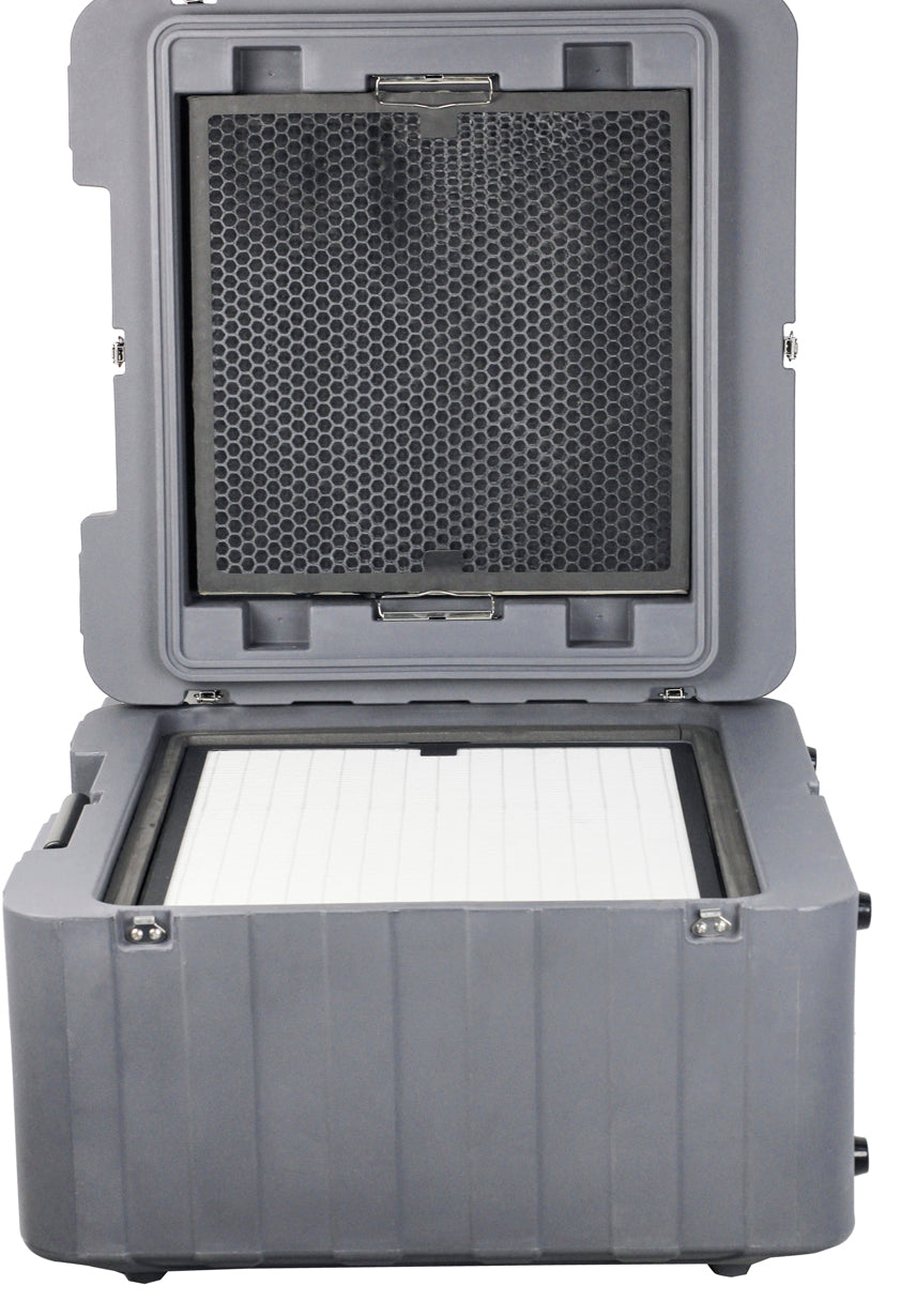 A gray hard-sided Closet Smoker air purifier unit shown open to expose the activated carbon and H13 HEPA filters, photographed on a plain white background. The image shows a honeycomb-patterned filter (carbon) on the inside of the lid and a solid white filter (HEPA) in the bottom compartment.