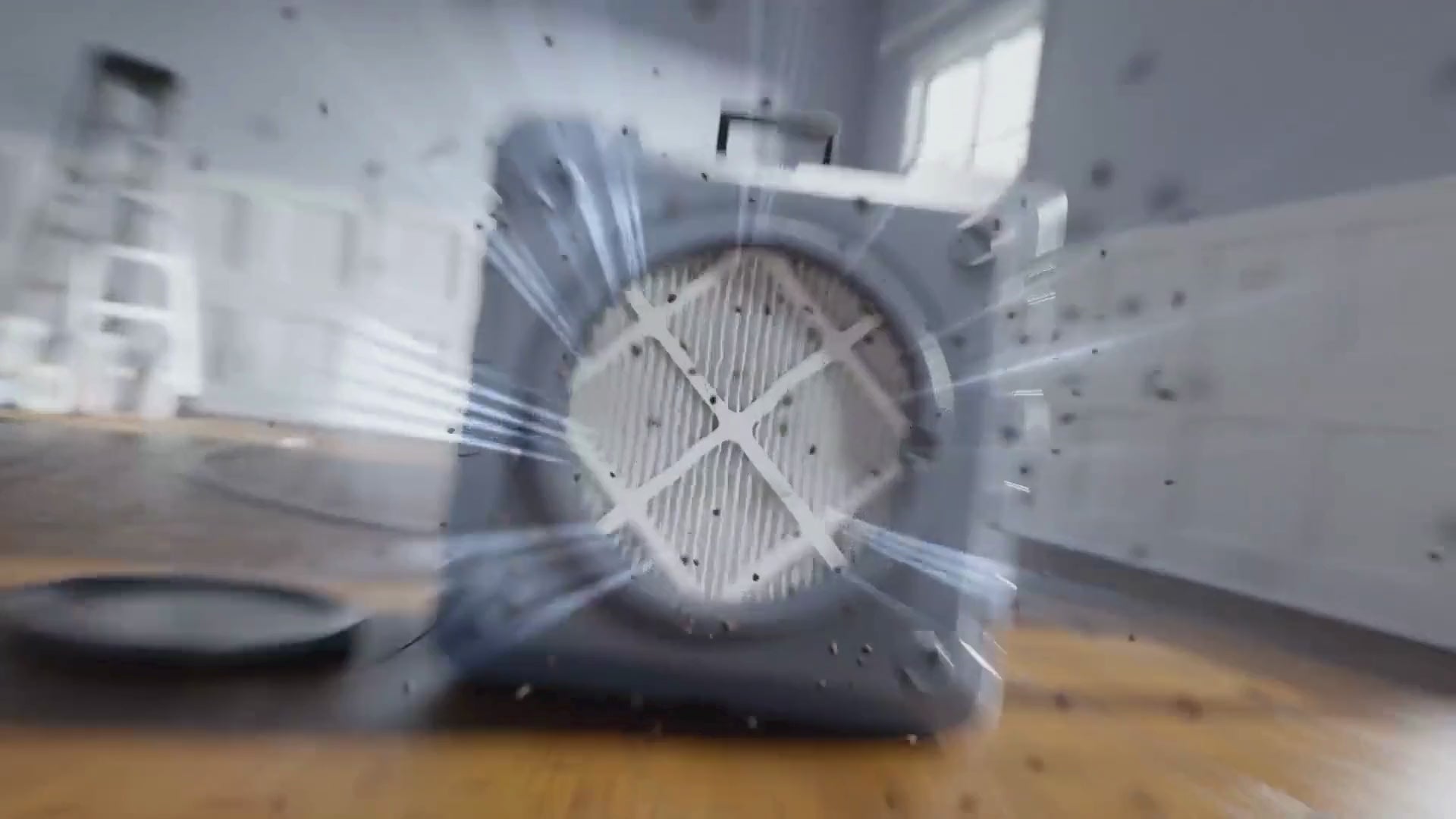 A video rendering showcasing the three stages of filters within a Closet Smoker air purifier. First shown is the MERV-10 pre-filter, which captures and traps large airborne particles such as dust, lint, and pet hair. Next is the activated carbon filter, which adsorbs and neutralizes odors, VOCs, smoke, and fumes. Last shown is the H13 HEPA filter, which catches microscopic particles as small as 0.3 microns in size. These sub-micron particles include allergens, ash, pollen, bacteria, and mold spores.